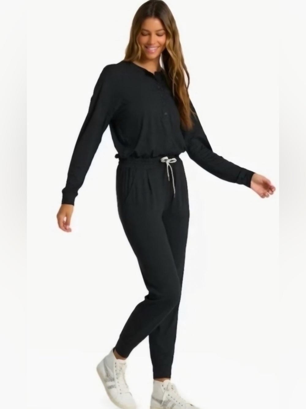 Vuori Lux Henley Long Sleeve Jumpsuit in Heathered Ink - Picture 3 of 6